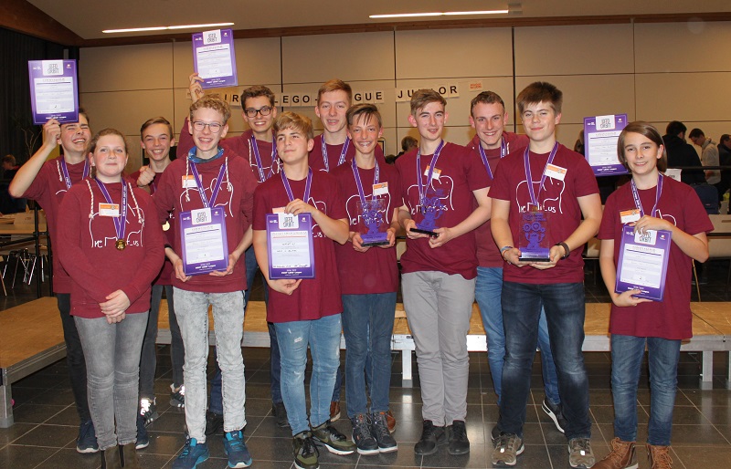 Eine Gruppe von Schülern in roten T-Shirts posiert als Siegerteam mit Urkunden, Medaillen und Awards von "reMINT US"