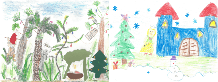 Collage von zwei Bildern des Weihnachtsmalwettbewerbs