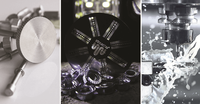 Eine Collage zur Umfirmierung von straschu: auf dem Bild ganz links ist eine Metallscheibe und Schrauben zu sehen, auf dem Bild in der Mitte ist eine gefräste Schablone mit straschu Logo abgebildet und ganz rechts ist eine Fräsmaschine mit Wasser zu sehen.