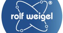 blauer Kreis mit Schriftzug rolf weigel und dem Logo von rolf weigel
