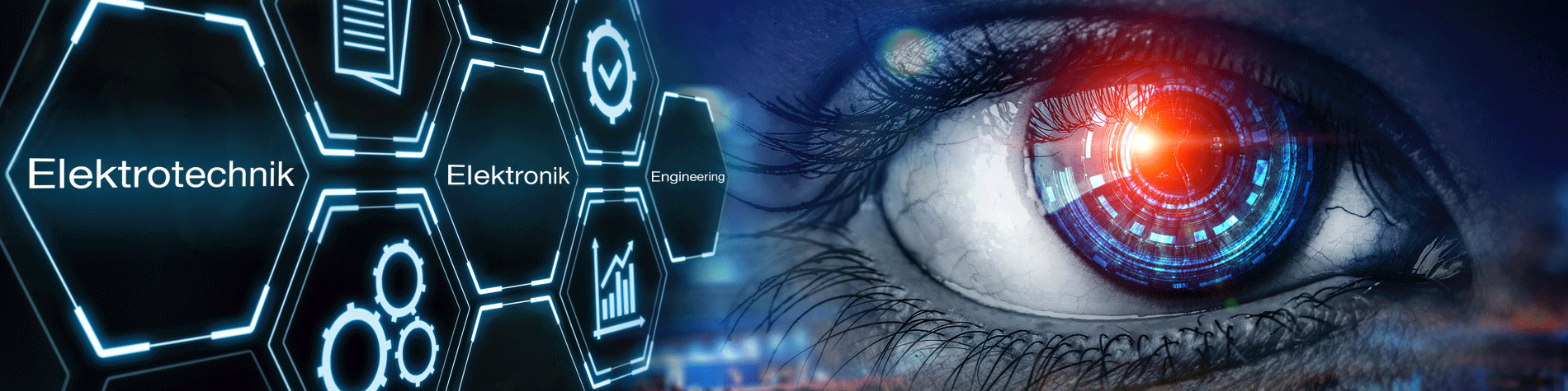 Links im Bild ist ein dunkelblaues Wabenmuster mit hellblauen Rändern und Ecken und den Schriftzügen Elektrotechnik, Elektronik und Engineering und rechts ist ein Auge in Nahaufnahme