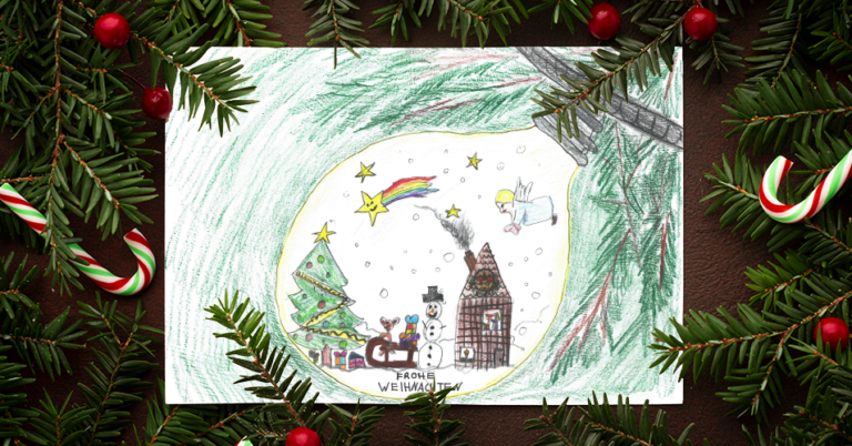 Weihnachtsmalwettbewerb Beitragsbild Beitragsbild - Gewinnerbild des Weihnachtsmalwettbewerbs 2024 umgeben von Tannenzweigen, Weihnachtskugeln und Zuckerstangen