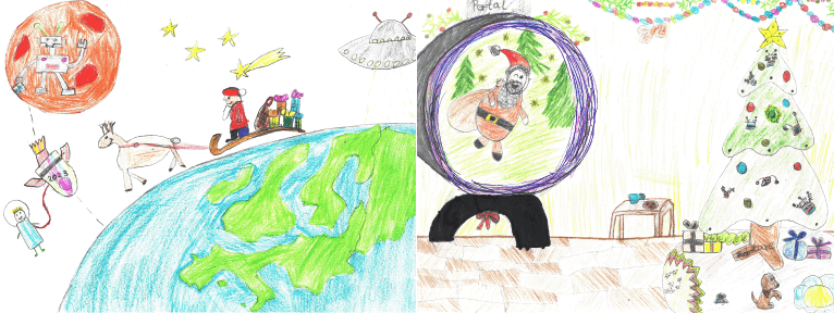 Collage von zwei Bildern des Weihnachtsmalwettbewerbs