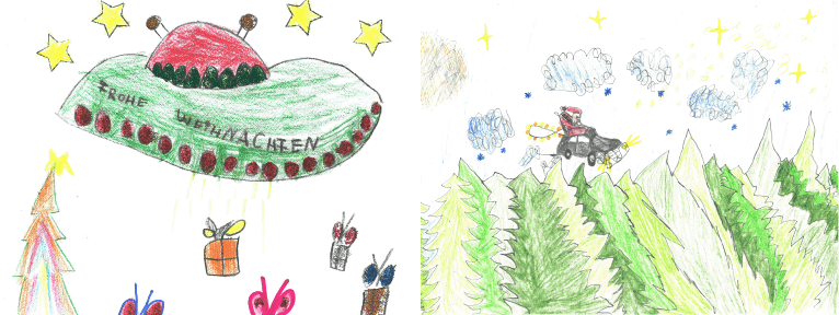 Collage von zwei Bildern des Weihnachtsmalwettbewerbs