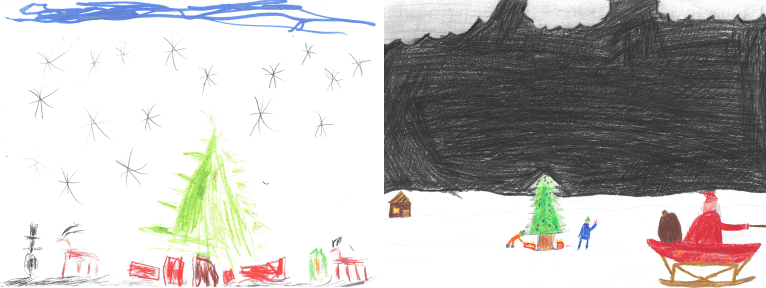 Collage von zwei Bildern des Weihnachtsmalwettbewerbs