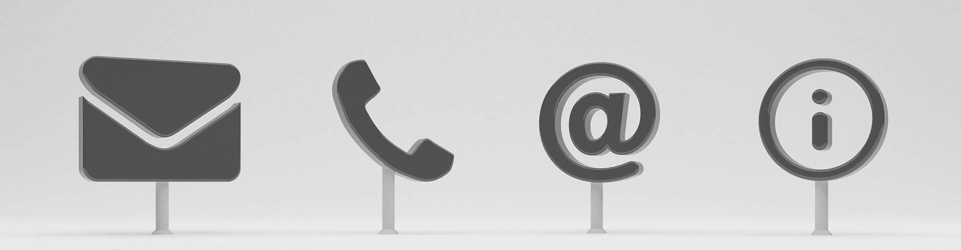 Symbole für einen Briefmumschlag, einen Telefonhörer, ein @-Zeichen und Information.