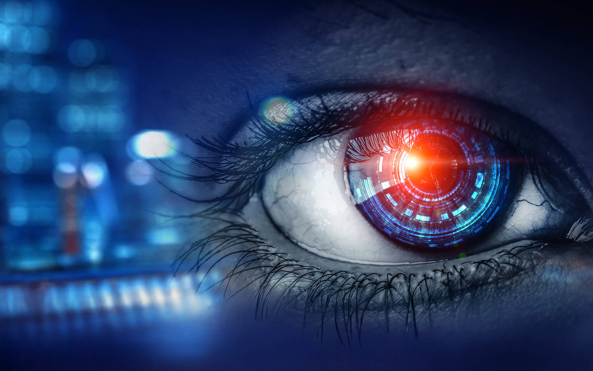 Nahaufnahme eines Auges mit modifizierten Elementen in der Iris und einem Lichtpunkt in der Pupille, am linken Rand des Bildes befinden sich blaue Kreise.