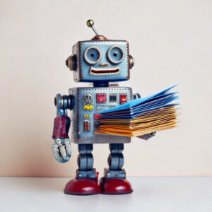 Ein lächelnderr Roboter mit einem Stapel Papieren in der Hand, der bei straschu ein Praktikum macht.