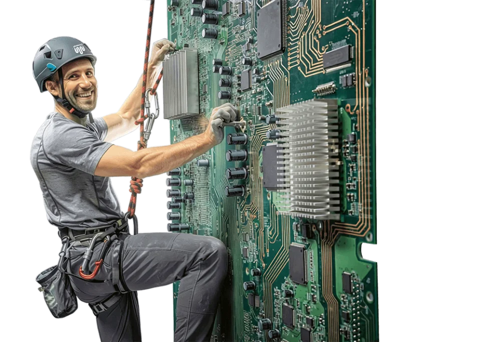 Ein Mann mit Kletterausrüstung klettern eine bestückte Leiterplatte hoch